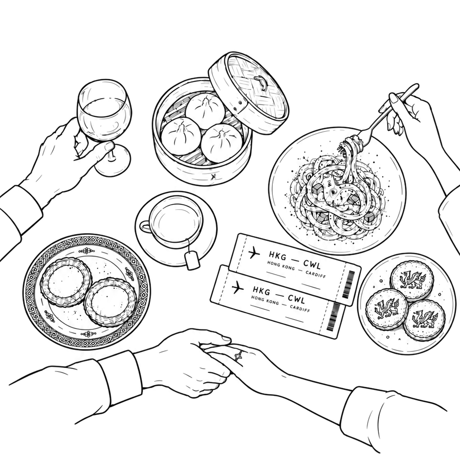 Hand-drawn table scene with wine, bao buns, pasta, afternoon tea, Hong Kong to Cardiff tickets, Welsh cakes, egg tarts and two people holding hands.