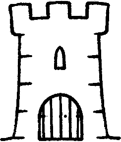 Simple line drawing of a crenelated castle tower with a drawbridge gate